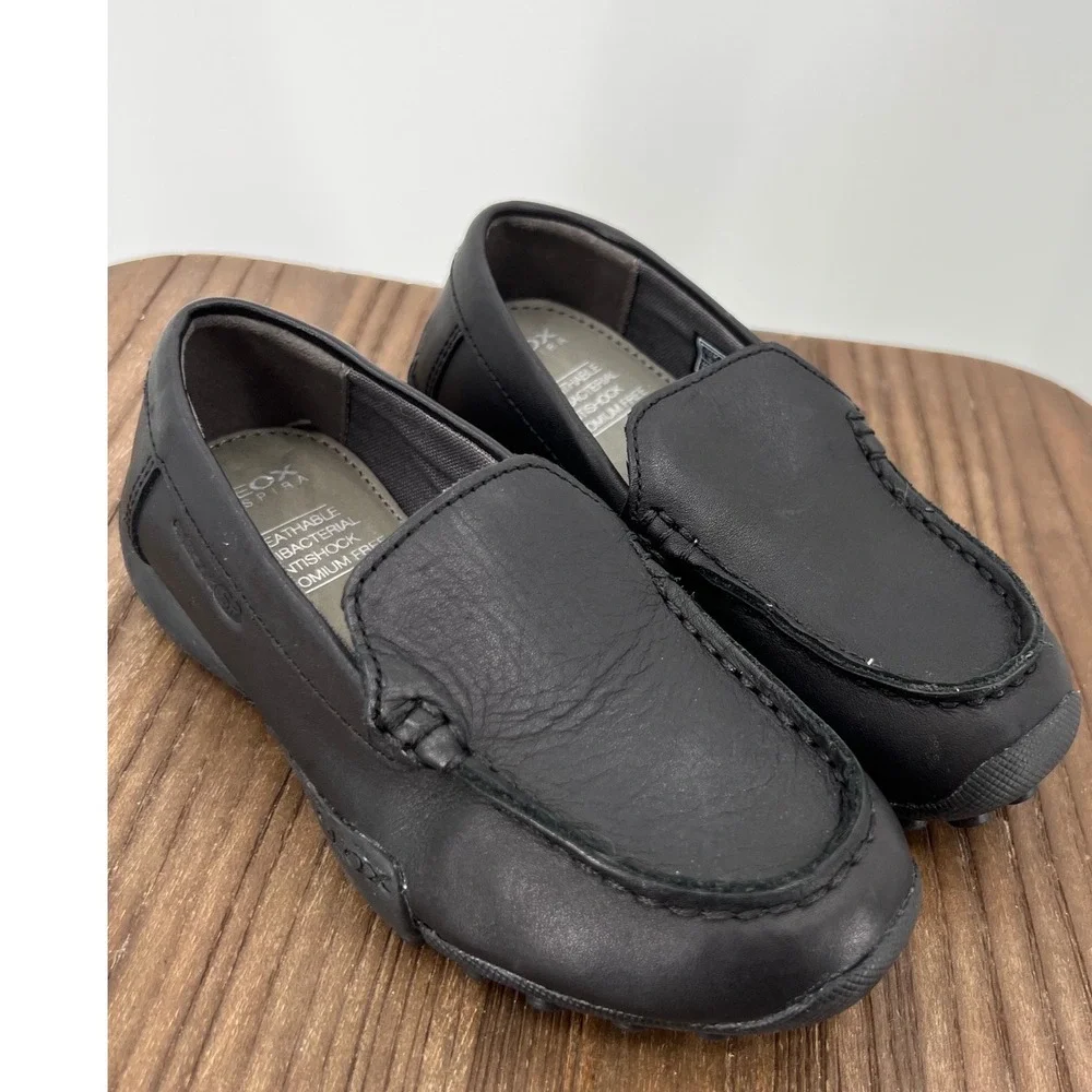 Geox Respira Boys Black Leather Loafers Driving Mocs Slip On Shoes Size 26 EU